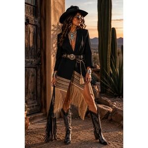 TWOTWINSTYLE Womens Black Western Fringe Blazer Dress Gold Embroidered Large